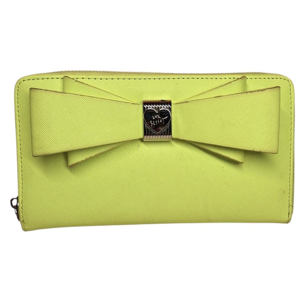 Betsey Johnson Neon lime giant bow faux leather zip around wallet highlighter